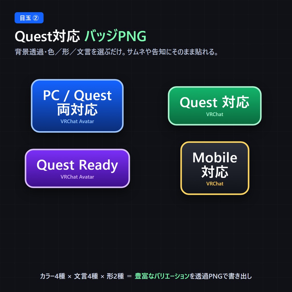 VRChat Quest対応 告知&同梱ビルダー|対応表・性能の明記・PC↔Quest比較カード/Quest対応バッジPNG生成 完全オフライン