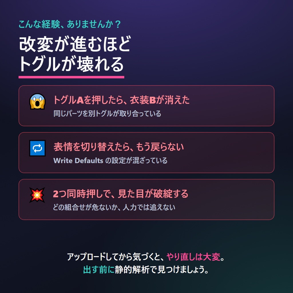 VRChat トグル干渉チェッカー 押すと壊れる/戻らない/効かないをUnity前に自動診断 5機能 トグル干渉ドクター