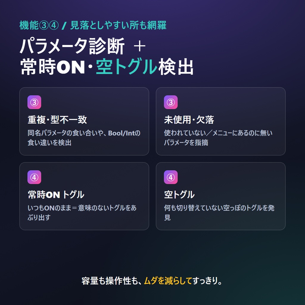 VRChat トグル干渉チェッカー 押すと壊れる/戻らない/効かないをUnity前に自動診断 5機能 トグル干渉ドクター