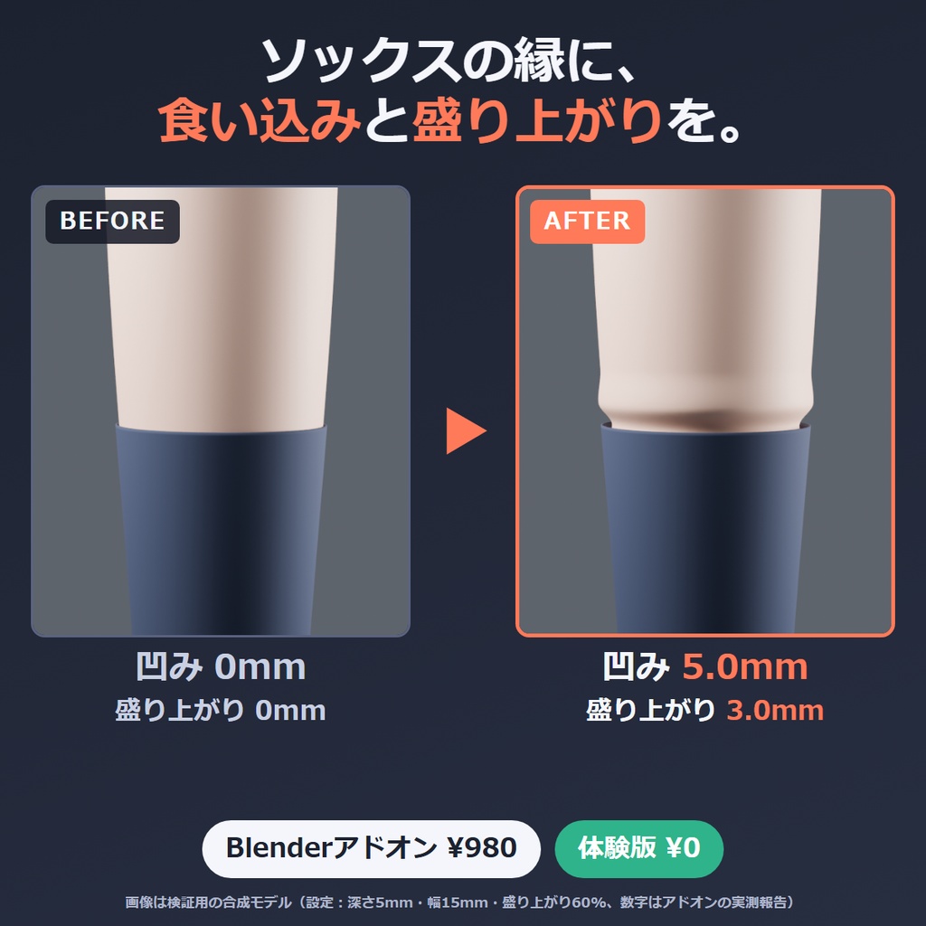 VRChat 食い込み シェイプキーを作るBlenderアドオン｜ソックス・ガーターの縁に食い込みと盛り上がり 食い込みシェイプ【無料体験版あり】