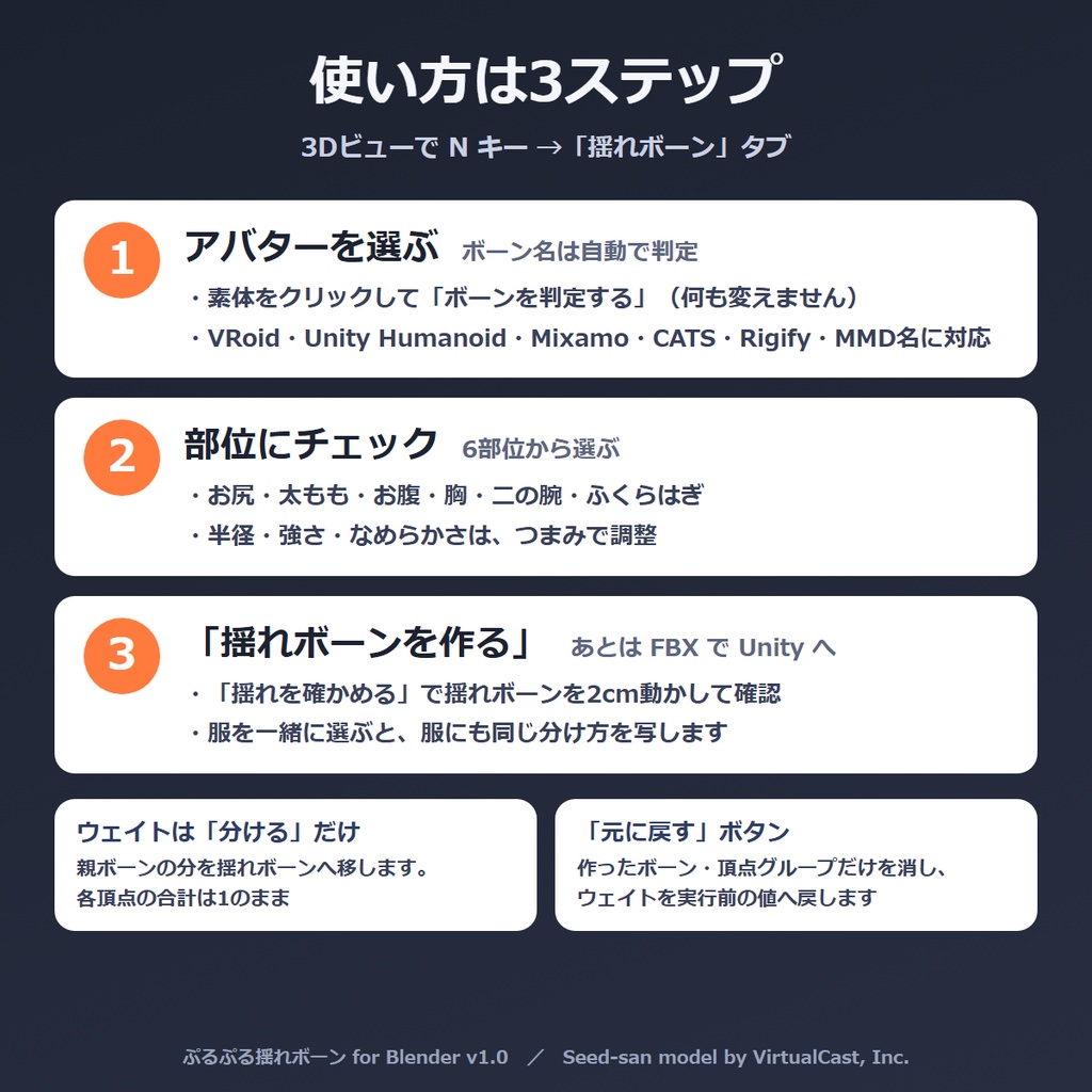 VRChat 揺れボーン Blenderアドオン|お尻・太もも・お腹に揺れボーンとウェイトを自動で追加 ぷるぷる揺れボーン【無料体験版あり】