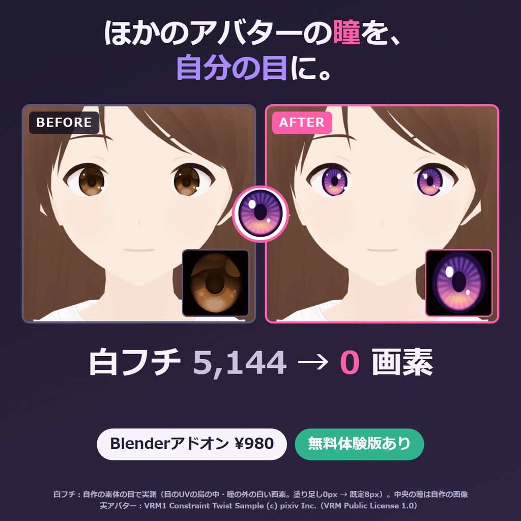 VRChat アイテクスチャ 変換 Blenderアドオン｜非対応の瞳を自分のアバターの目に合わせる 白フチ対策つき 瞳うつし【無料体験版あり】