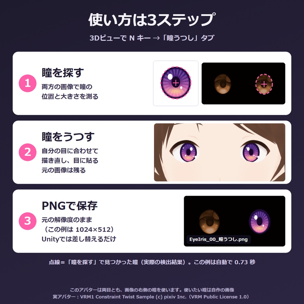 VRChat アイテクスチャ 変換 Blenderアドオン|非対応の瞳を自分のアバターの目に合わせる 白フチ対策つき 瞳うつし【無料体験版あり】
