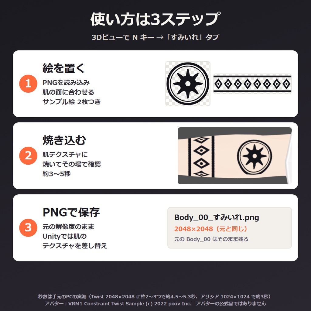 VRChat タトゥー 焼き込み Blenderアドオン|UVの継ぎ目をまたいで肌テクスチャへ 腕の巻きつけも すみいれ【無料体験版あり】