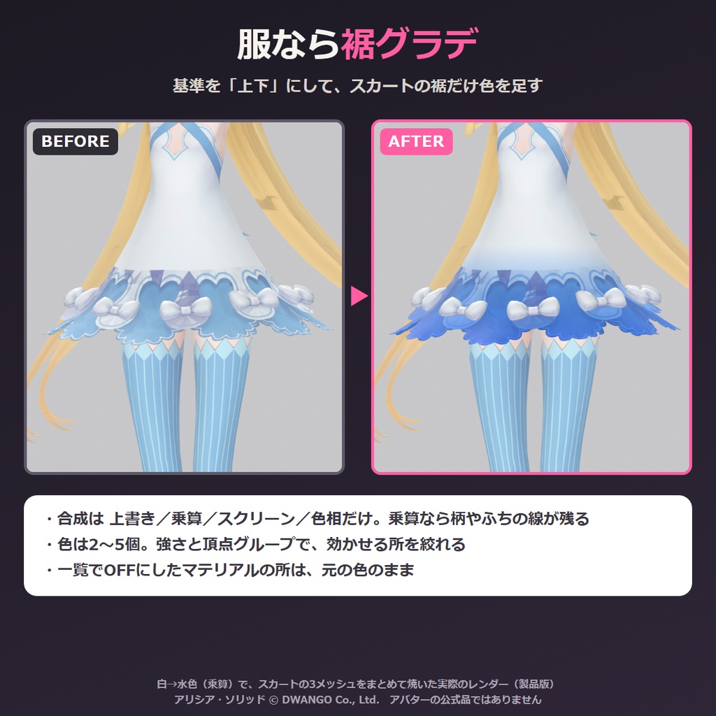 毛先グラデ・裾グラデを髪や服のテクスチャに焼き込む Blenderアドオン|VRChat シェーダーを選ばないPNG グラデぞめ【無料体験版あり】