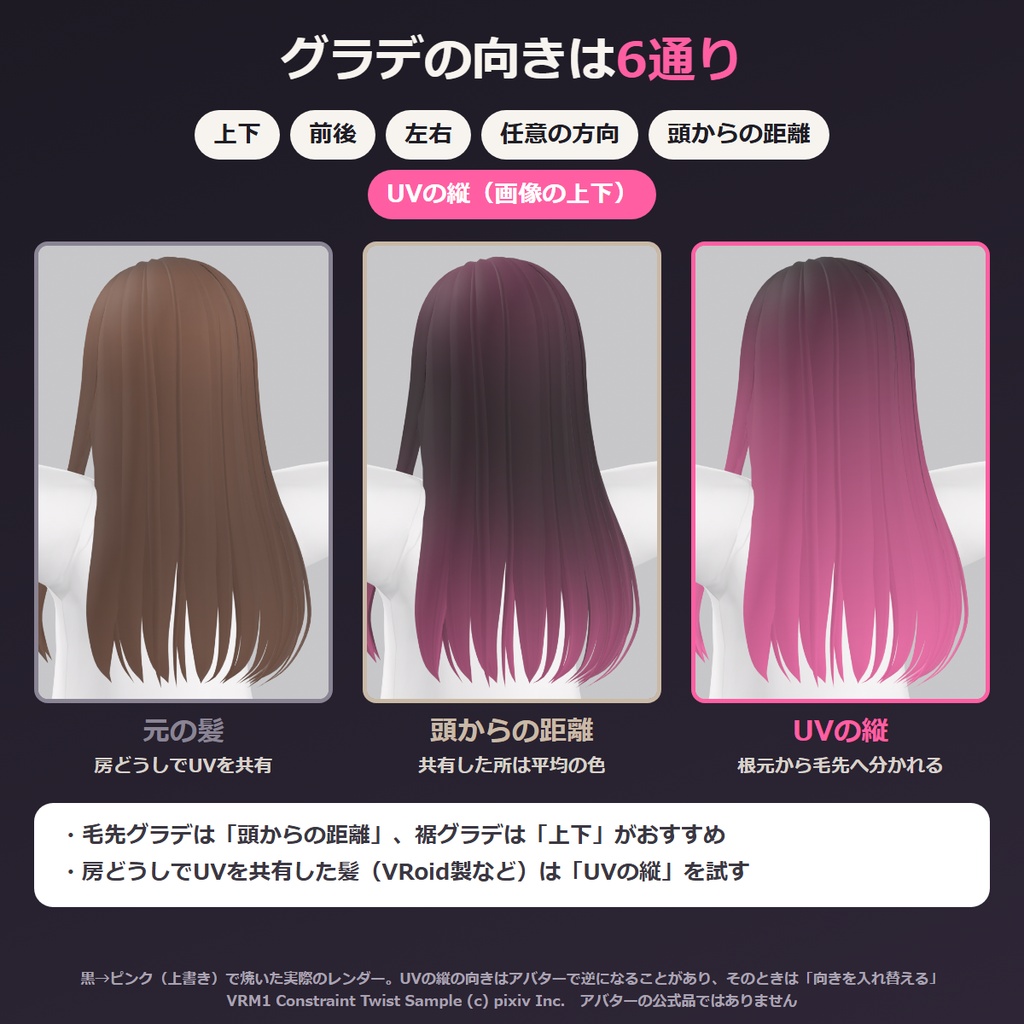 毛先グラデ・裾グラデを髪や服のテクスチャに焼き込む Blenderアドオン|VRChat シェーダーを選ばないPNG グラデぞめ【無料体験版あり】