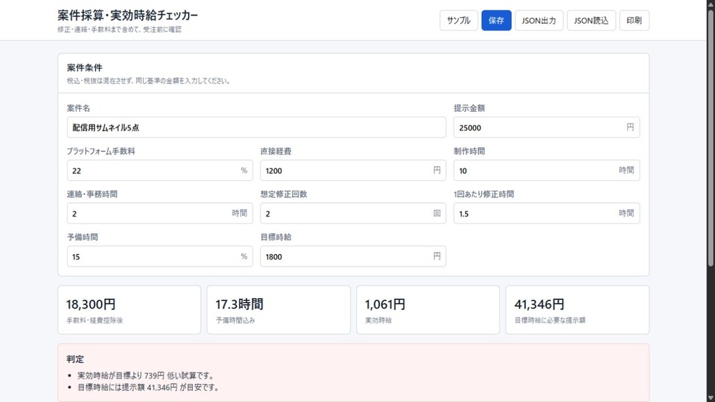 案件採算・実効時給チェッカー｜修正・連絡・手数料込みで受注前に試算