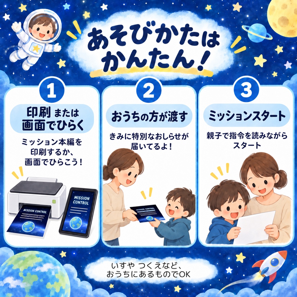 【数量限定・無料配布】なりきり+(なりきりプラス)|宇宙飛行士編|おうちで楽しむ室内遊びPDF
