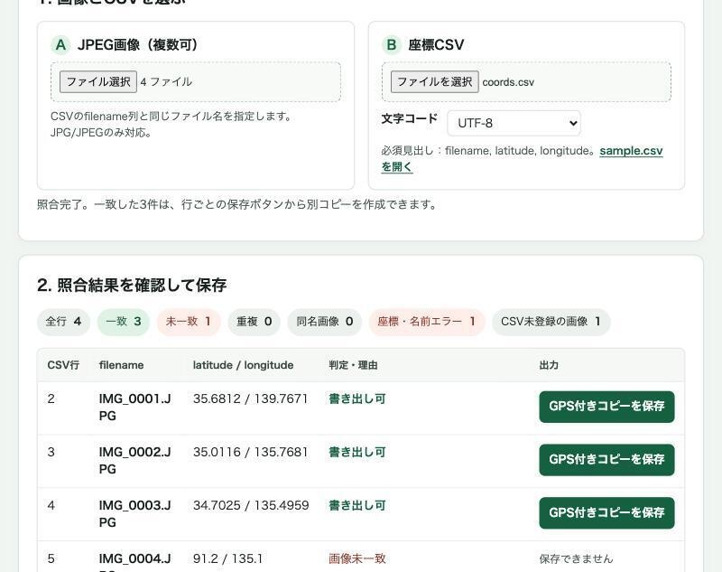 写真にGPSを付ける|CSVからJPEGにGPS EXIF・ジオタグを一括記録