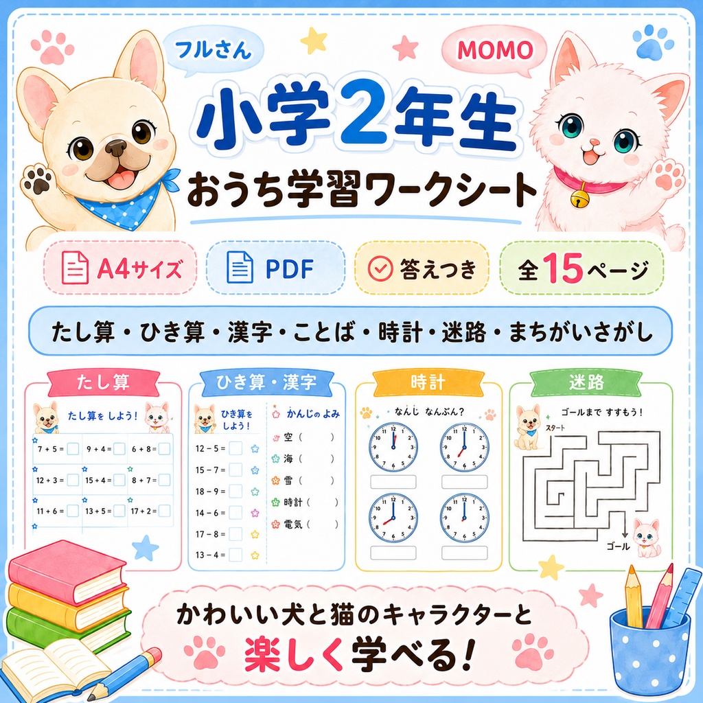 小学2年生 おうち学習ワークシート|たし算・ひき算・漢字・時計・迷路つき【A4 PDF】