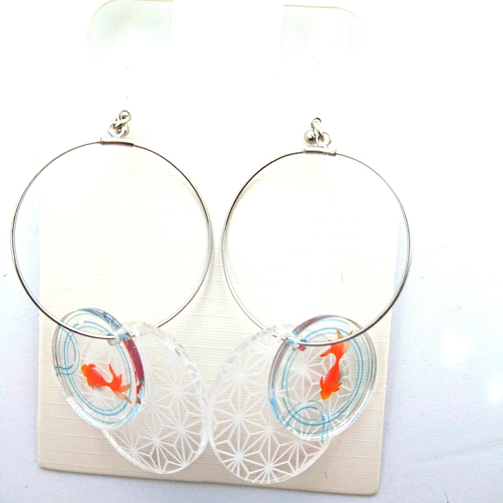 金魚と麻の葉ノンホールピアス ハンドメイドアクセサリー ヒラヒラかわいい