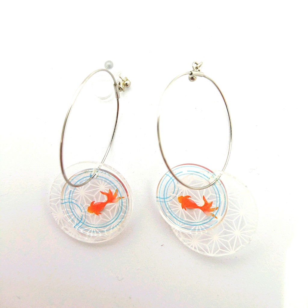 金魚と麻の葉ノンホールピアス ハンドメイドアクセサリー ヒラヒラかわいい