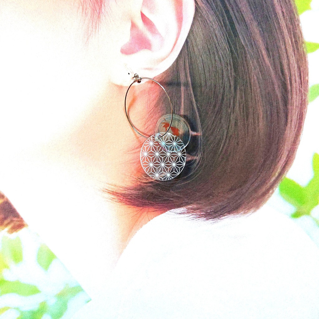 金魚と麻の葉ノンホールピアス ハンドメイドアクセサリー ヒラヒラかわいい