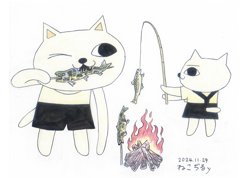 原画　ねこぢるy 「アユ」ペン色鉛筆 額付　2024年　©ねこぢるy
