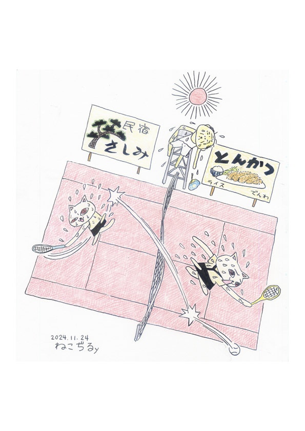 原画　ねこぢるy 「猛暑テニス」ペン色鉛筆 額付　2024年　©ねこぢるy