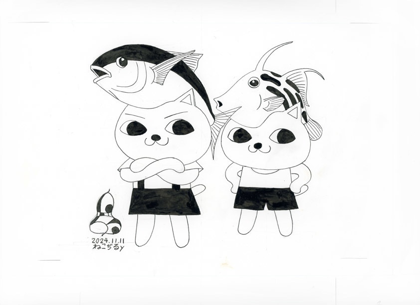 原画　ねこぢるy 「魚」ペン画 　額付　2024年　©ねこぢるy