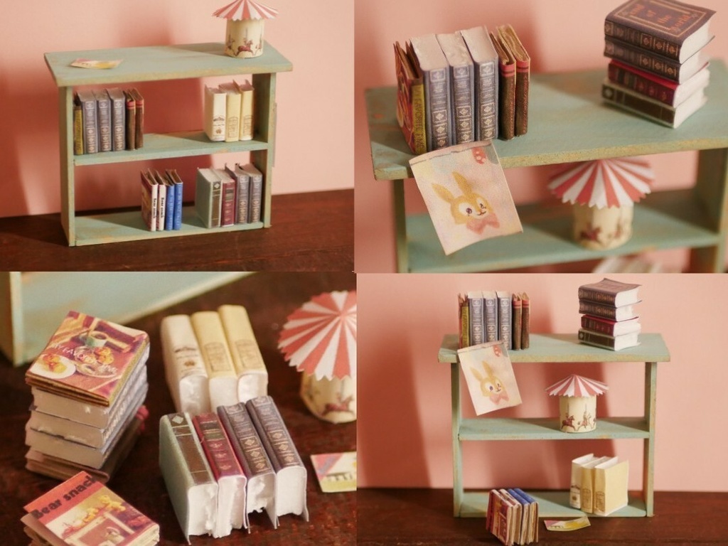 パステル本棚と洋書のミニチュア
