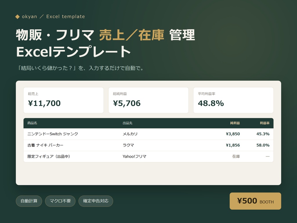 物販・フリマ 売上／在庫 管理 Excelテンプレート（自動計算・確定申告対応）