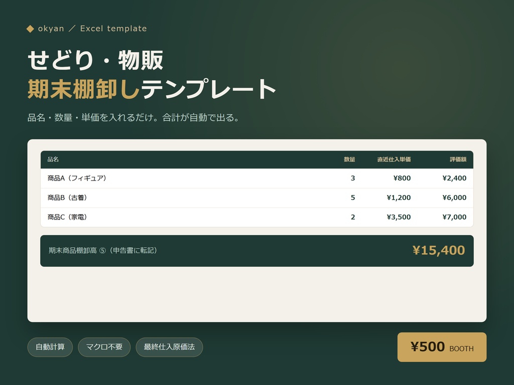 期末棚卸しテンプレート(Excel)|せどり・物販の在庫評価額を自動計算
