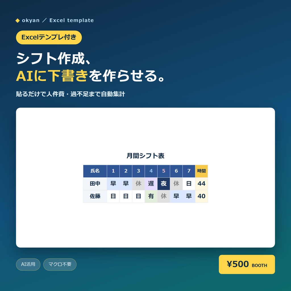 シフト表テンプレート（Excel）｜AIで下書き→貼るだけ・人件費と過不足を自動集計（マクロ不要）