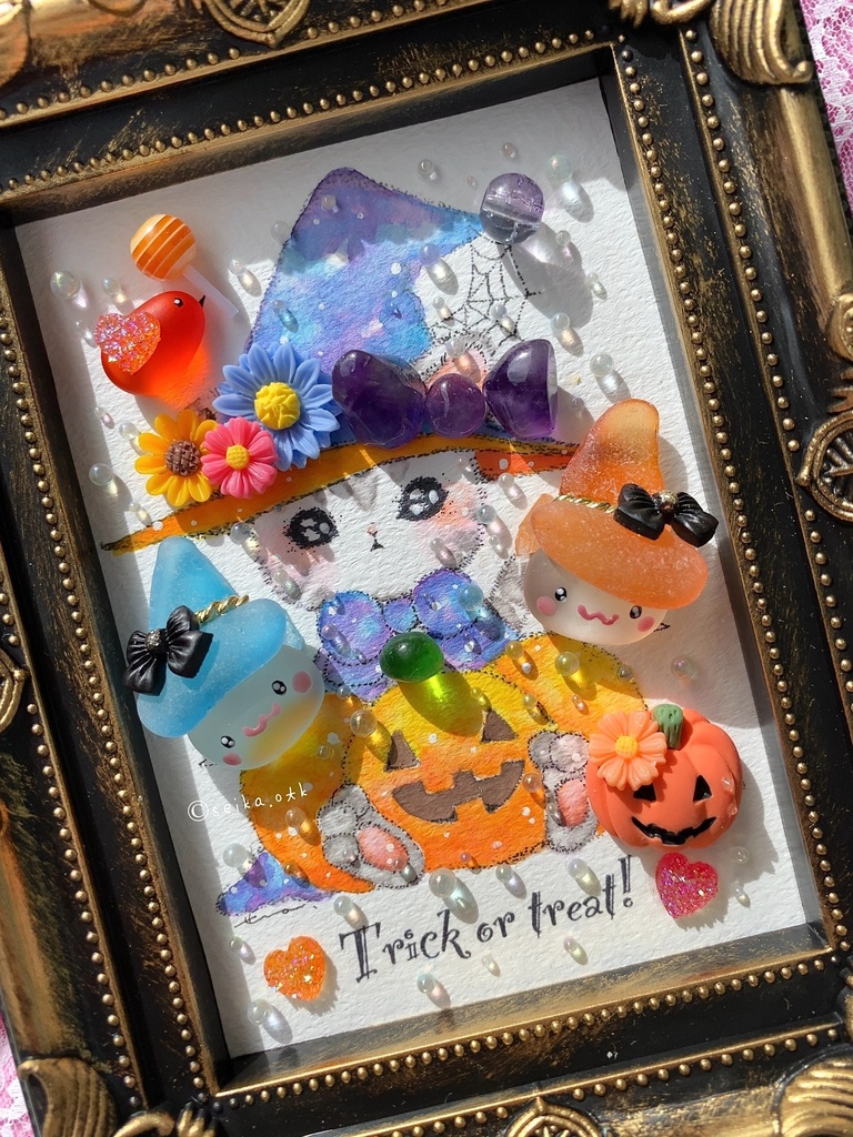 ハロウィン ガラス ラブリー子猫 インテリア シーグラスアート 置物 プレゼント