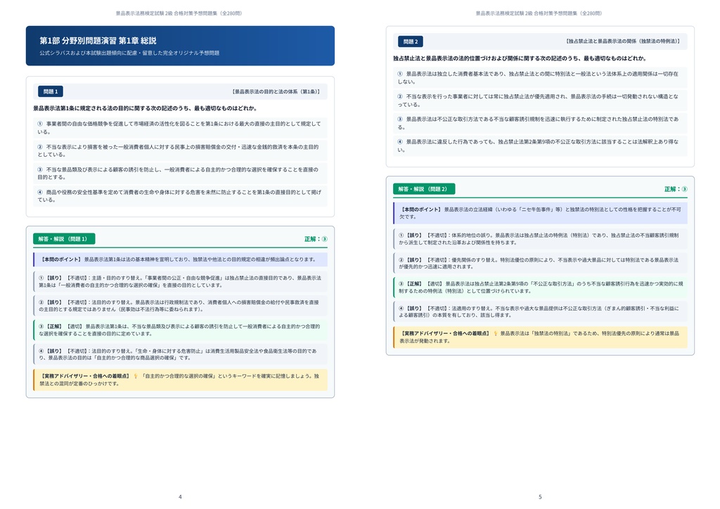 【2026年最新版】景品表示法務検定試験 2級 対策問題集(全280問・詳細解説・要点整理表付き)
