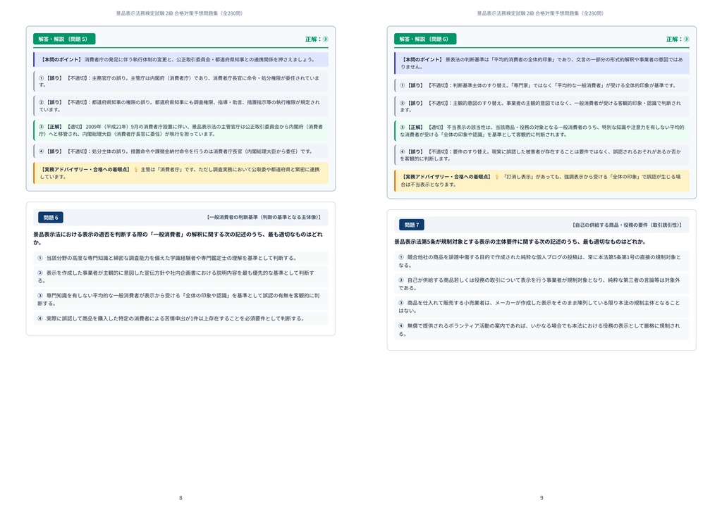 【2026年最新版】景品表示法務検定試験 2級 対策問題集(全280問・詳細解説・要点整理表付き)