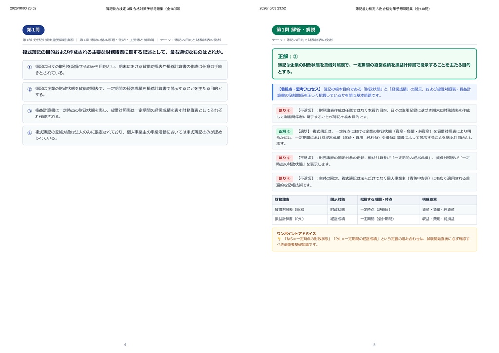 【2026年最新版】簿記能力検定 3級 対策問題集(全180問・詳細解説・要点整理表付き)