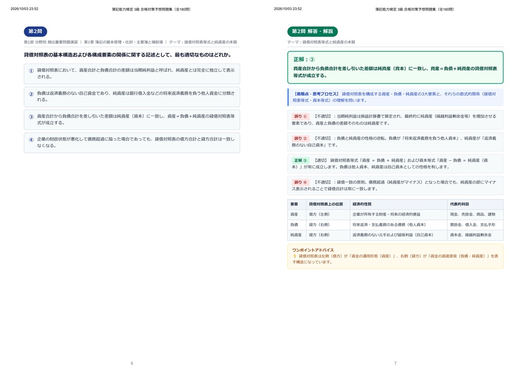 【2026年最新版】簿記能力検定 3級 対策問題集(全180問・詳細解説・要点整理表付き)