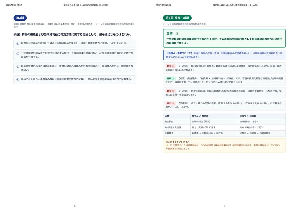 【2026年最新版】簿記能力検定 3級 対策問題集(全180問・詳細解説・要点整理表付き)