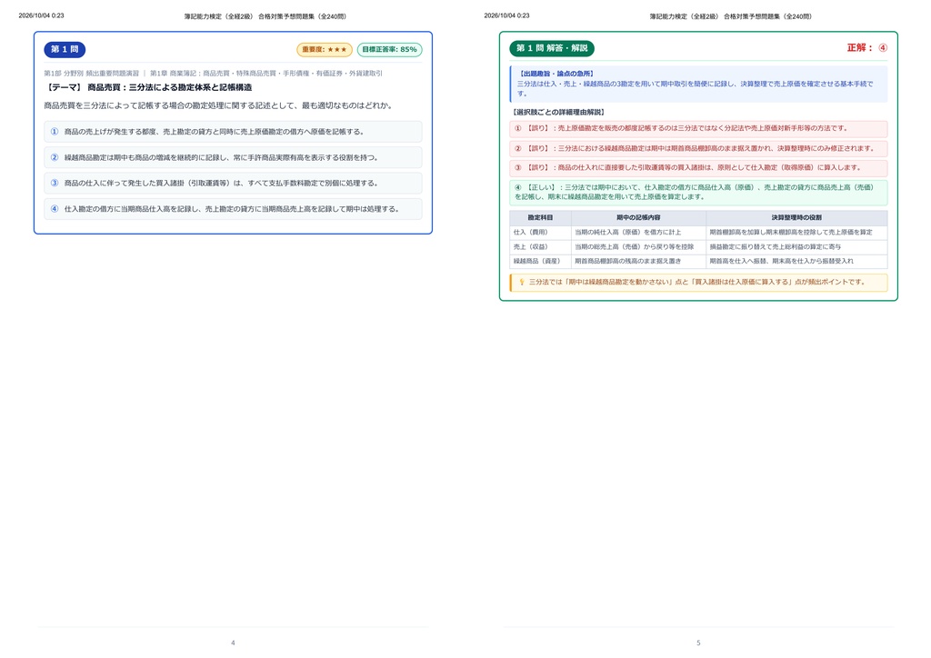 【2026年最新版】簿記能力検定(全経2級) 対策問題集(全240問・詳細解説・要点整理表付き)