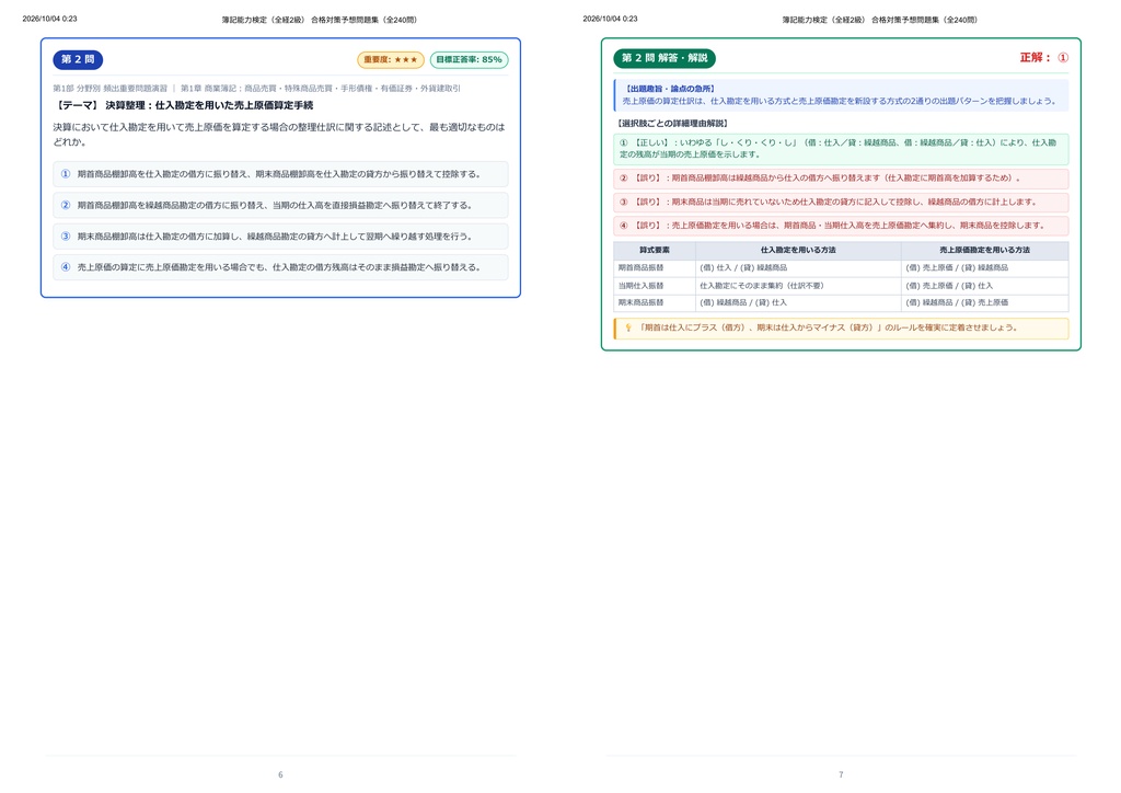 【2026年最新版】簿記能力検定(全経2級) 対策問題集(全240問・詳細解説・要点整理表付き)