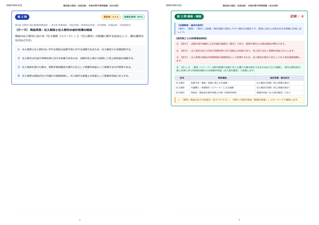 【2026年最新版】簿記能力検定(全経2級) 対策問題集(全240問・詳細解説・要点整理表付き)