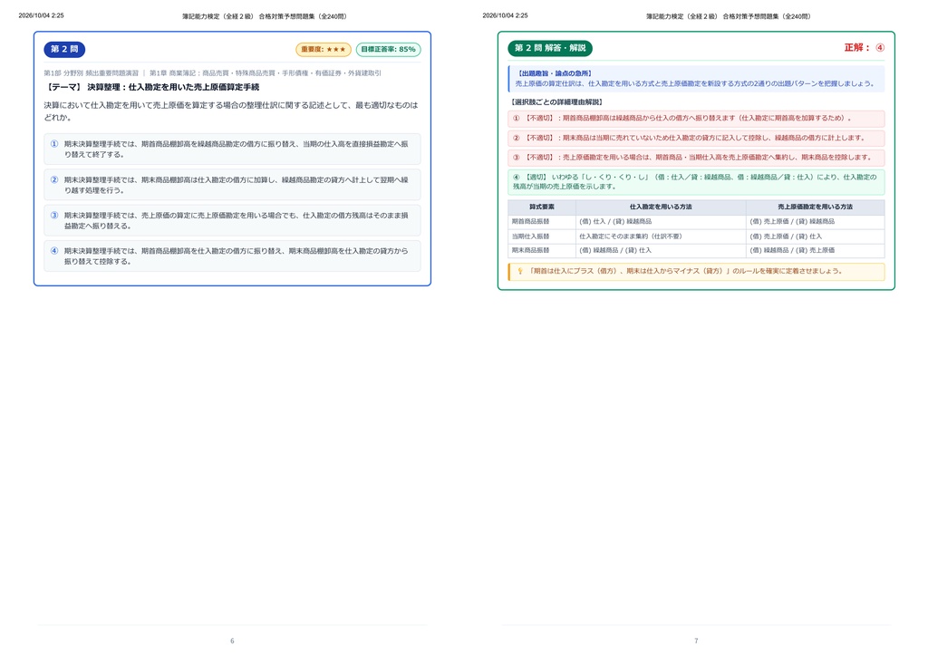 【2026年最新版】簿記能力検定(全経2級) 対策問題集(全240問・詳細解説・要点整理表付き)