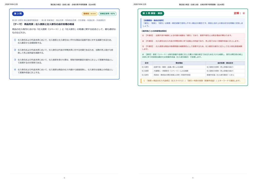 【2026年最新版】簿記能力検定(全経2級) 対策問題集(全240問・詳細解説・要点整理表付き)