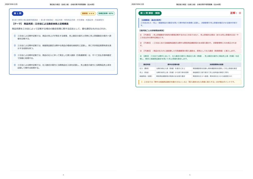 【2026年最新版】簿記能力検定(全経2級) 対策問題集(全240問・詳細解説・要点整理表付き)