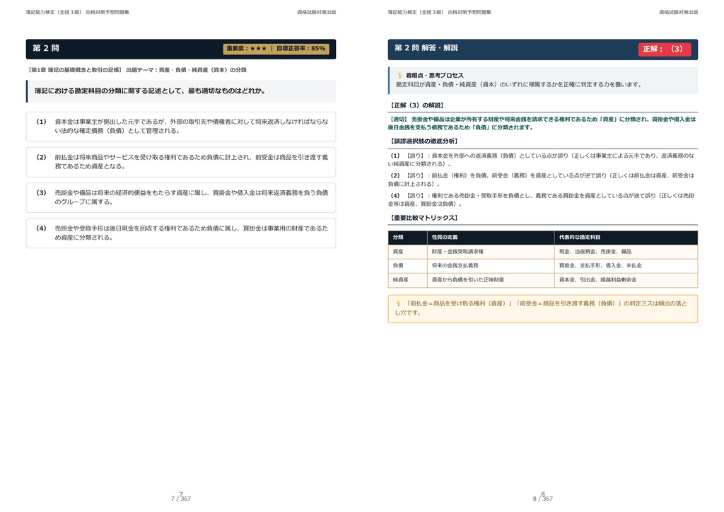 【2026年最新版】簿記能力検定(全経3級) 対策問題集(全180問・詳細解説・要点整理表付き)