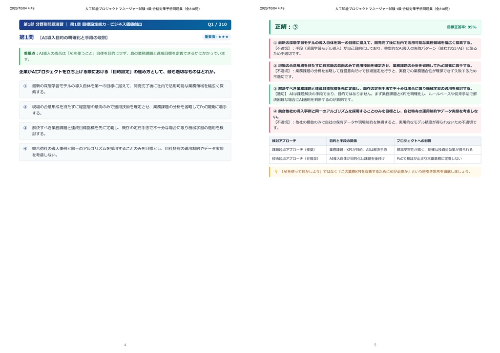 【2026年最新版】人工知能プロジェクトマネージャー試験 1級 対策問題集(全310問・詳細解説・要点整理表付き)