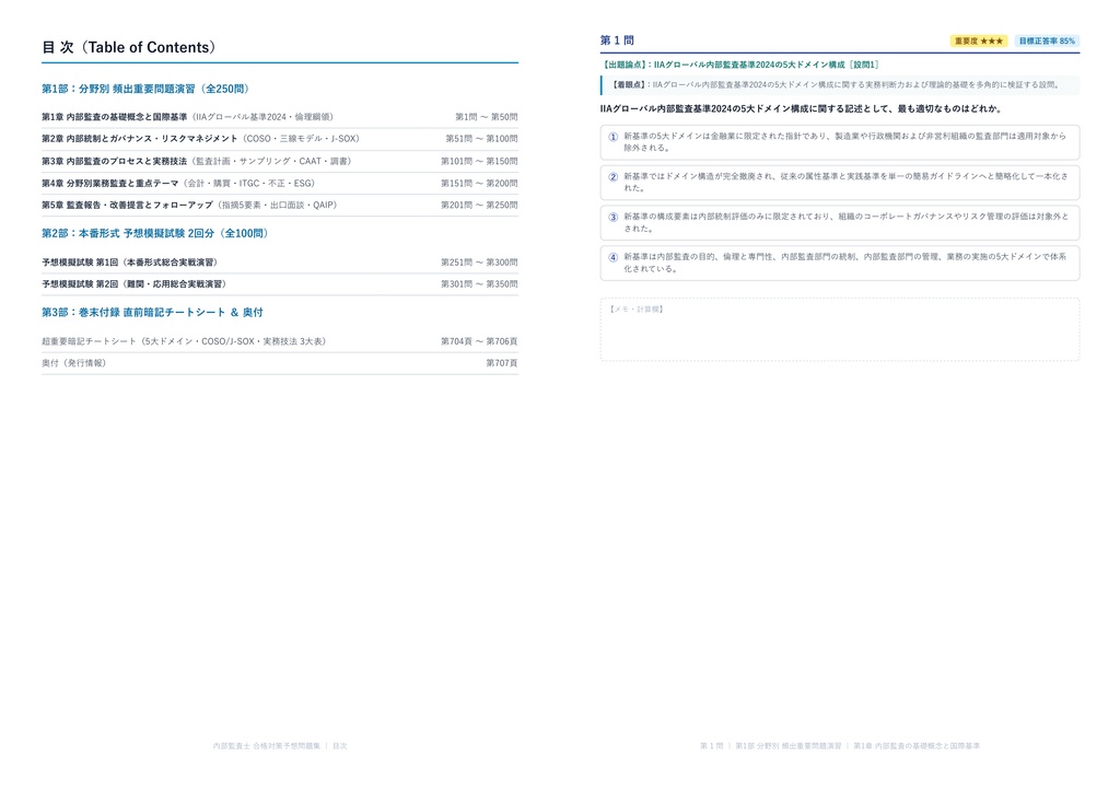 【2026年最新版】内部監査士 対策問題集(全350問・詳細解説・要点整理表付き)