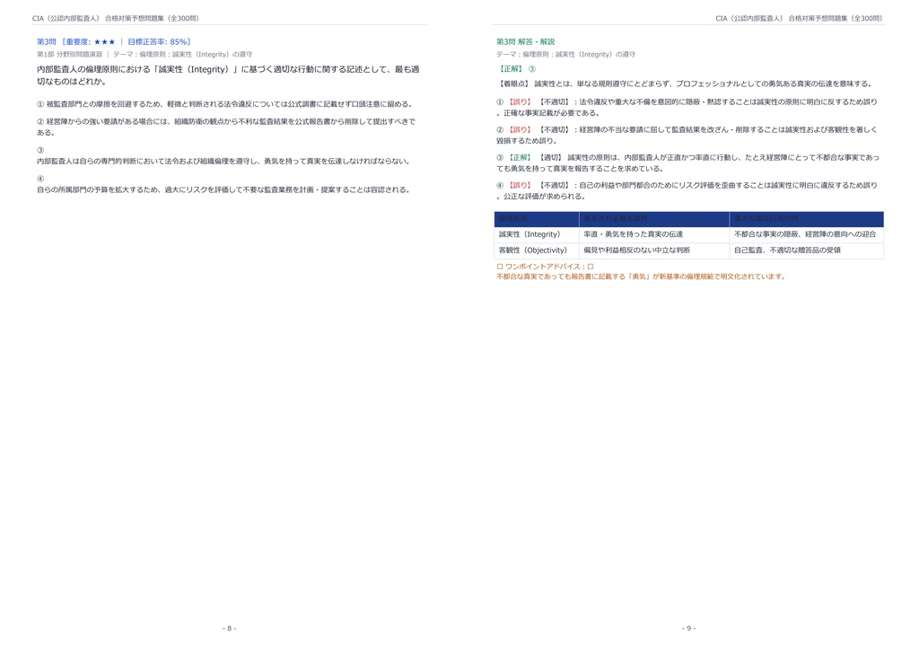 【2026年最新版】CIA(公認内部監査人) 対策問題集(全300問・詳細解説・要点整理表付き)