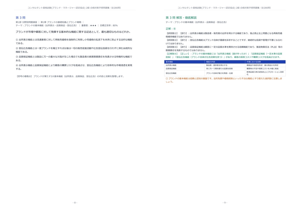 【2026年最新版】コンサルタント資格試験(ブランド・マネージャー認定協会) 2級 対策問題集(全280問・詳細解説・要点整理表付き)