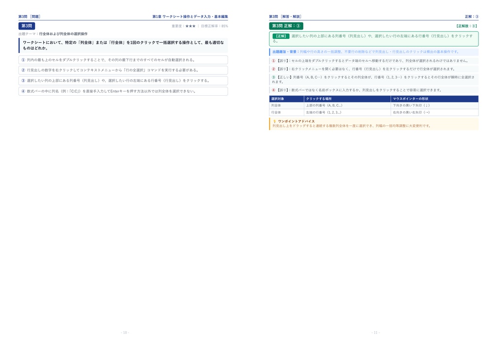 【2026年最新版】コンピュータサービス技能評価試験(CS試験) 表計算部門 3級 対策問題集(全180問・詳細解説・要点整理表付き)