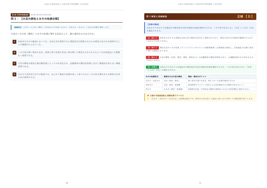 【2026年最新版】2級みそ製造技能士 対策問題集(全250問・詳細解説・要点整理表付き)