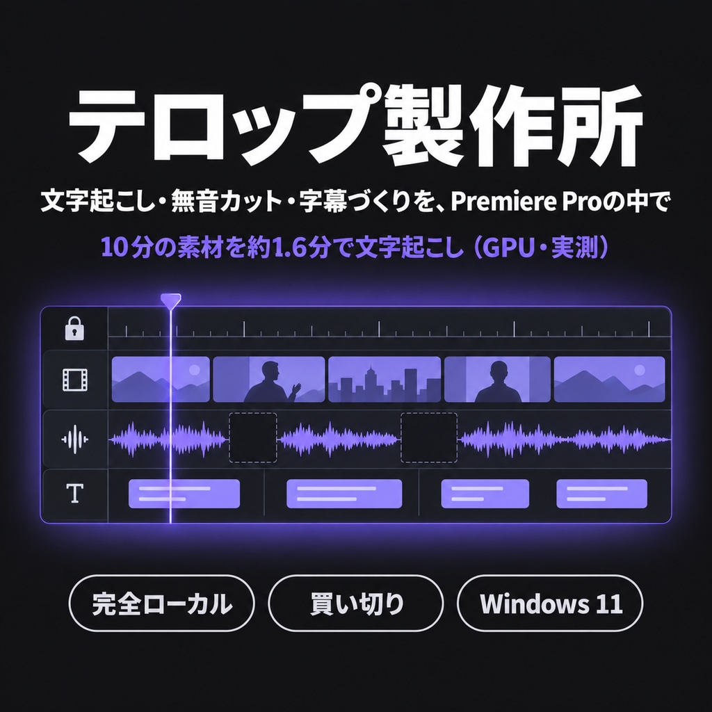 字幕づくりと無音カット、Premiere Proの中で終わらせる｜テロップ製作所｜10分素材を約1.6分で文字起こし（GPU実測）、完全ローカル、買い切り、Windows 11
