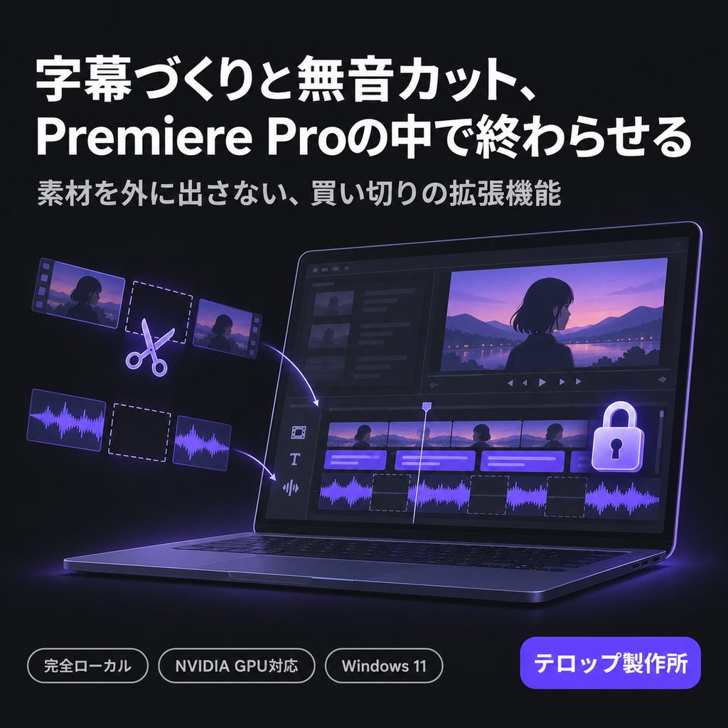 字幕づくりと無音カット、Premiere Proの中で終わらせる|テロップ製作所|10分素材を約1.6分で文字起こし(GPU実測)、完全ローカル、買い切り、Windows 11