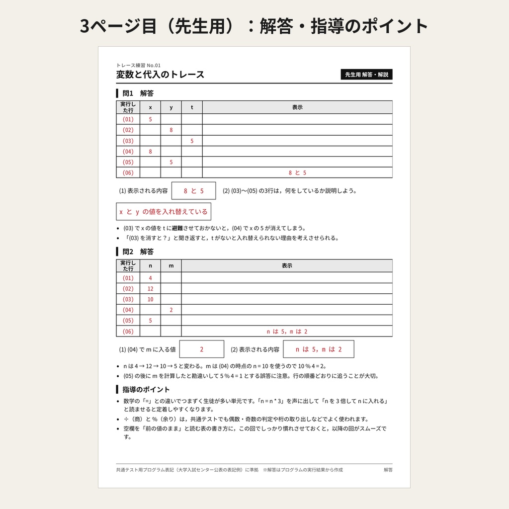 【無料お試し版】情報Ⅰ トレース練習プリント 第1回「変数と代入」(先生向け・解答付き)