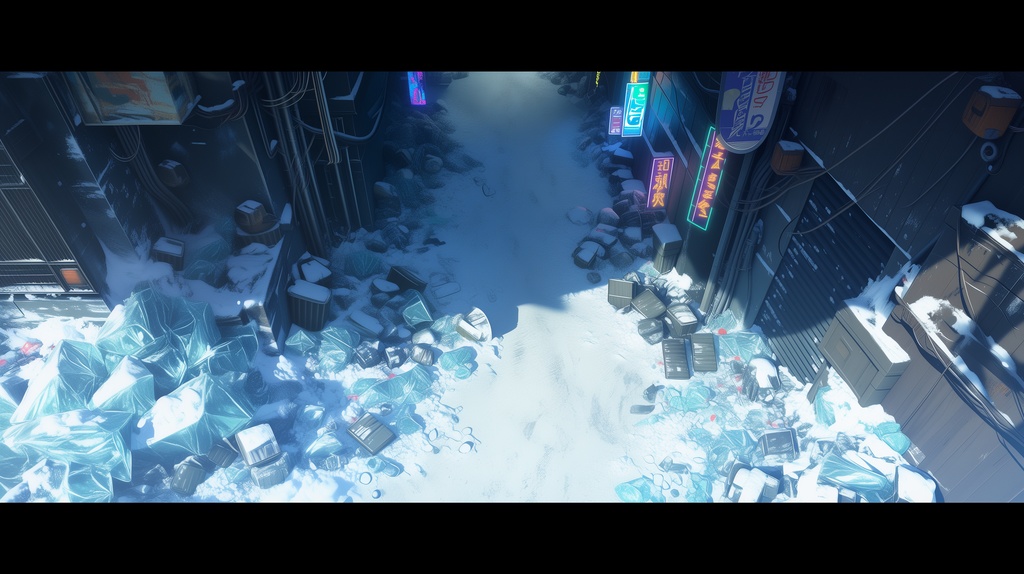 第1弾:氷結スラム・凍りついたネオン街TRPG背景パック(画像20枚+共通BGM6曲+プロンプト付)