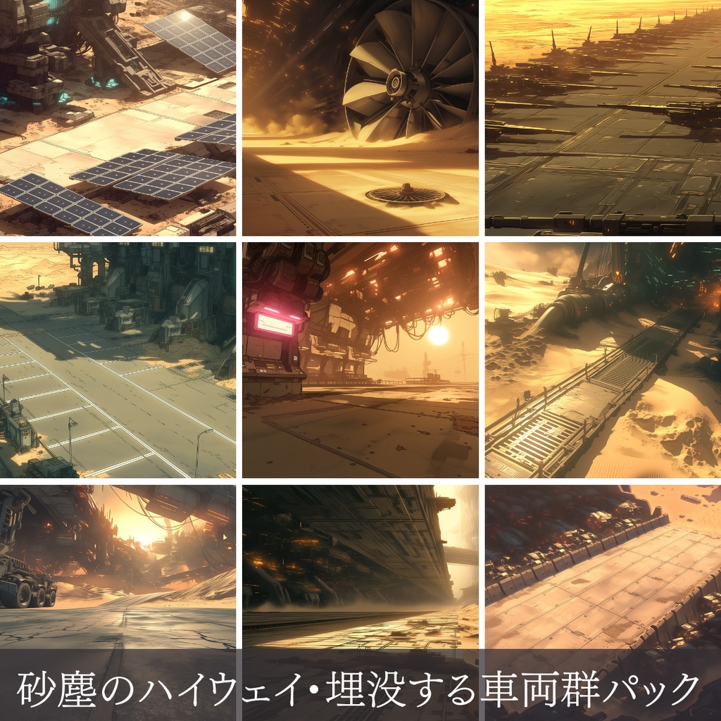 第1弾:砂塵のハイウェイ・埋没する車両群TRPG背景パック(画像20枚+共通BGM6曲+プロンプト付)