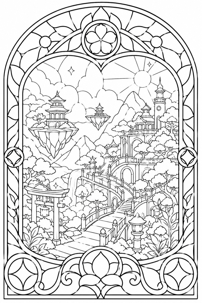 【PDF+PNG版】ステンドグラス幻想世界 塗り絵集 -Stained Glass Fantasy Worlds-