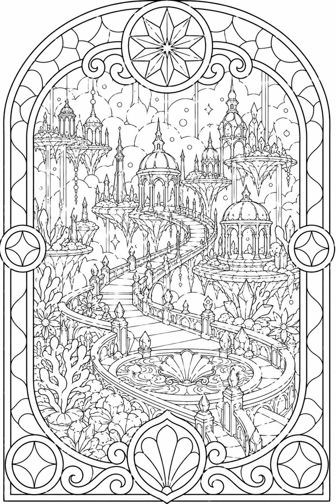 【PDF+PNG版】ステンドグラス幻想世界 塗り絵集 -Stained Glass Fantasy Worlds-